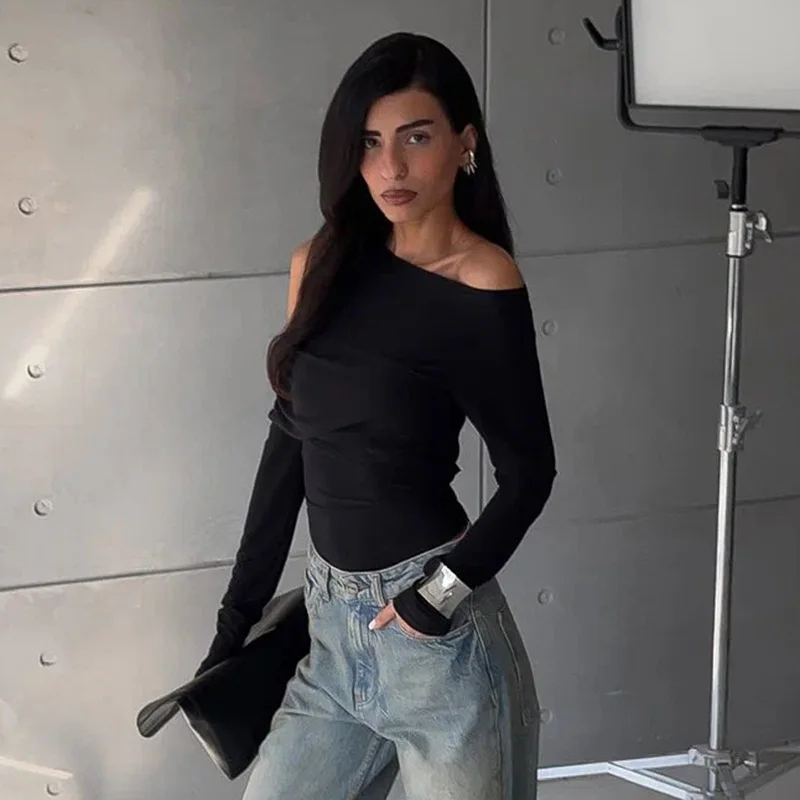 Black Off-Shoulder Long Sleeve T-shirt For Women High Waist Autumn Slim Fashion Pullover Top Ladies Solid Y2k Tee Top