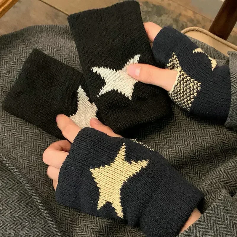Fingerless Gloves Y2K Fashion Pentagram Knitted Fingerless Winter Gloves Soft Warm Wool Knitting for Men Women