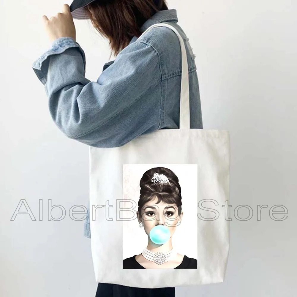 Canvas Tote Bag Shoulder Bag Retro Vintage Audrey Hepburn Pop Art Women Harajuku Handbag Shopper Reusable Foldable