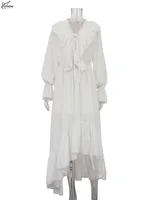 Oymimi Elegant White Ruffled Dresses 2025 Woman Fashion V-Neck Lace-Up Long Sleeve Dresses Casual High Waist Floor-Length Dress - Image 5