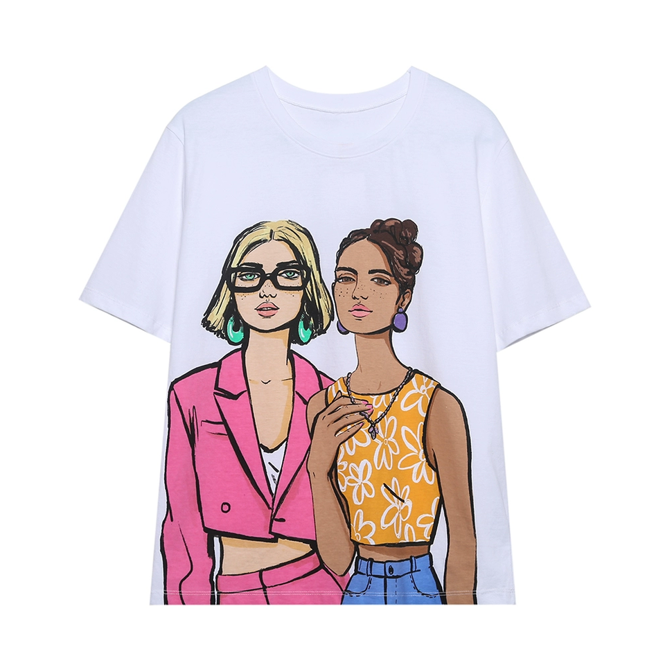 PB&ZA2025 Summer New Products Women's Wear All-match Casual Girls Pattern Printed Round Neck Short Sleeve T-shirt 5644/315