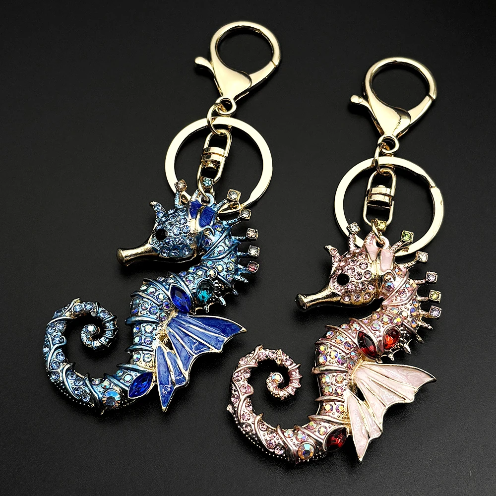 Niedlicher Seepferdchen-Schlüsselanhänger für Damen und Herren, funkelnder Strassstein, modisches Meerestier-Accessoire, Handtaschenanhänger, Schlüsselanhänger-Schmuck_voghion.com