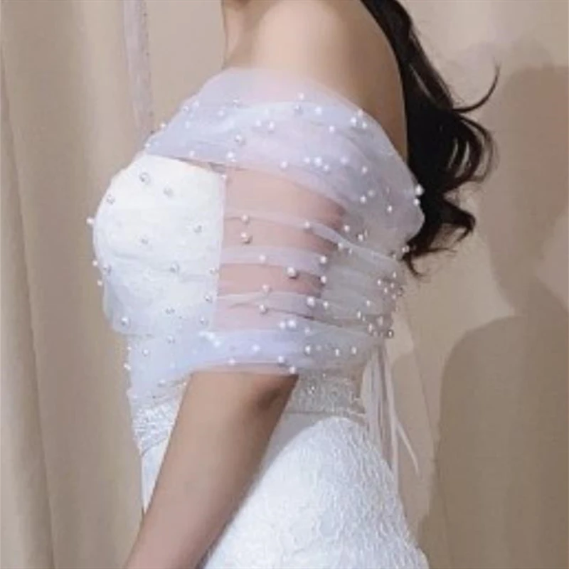 Sheer Bolero Jacket Pearl Beaded Shawl Ruched Wedding Wrap Elegant Women Shrug Lace Up Back