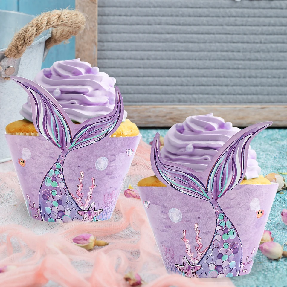 40 Pirottini E Topper Per Cupcake A Tema Sirena – 20 Pirottini E 20 Decorazioni (5 Stili) – Per Compleanni E Baby Shower, Colori Blu E Viola