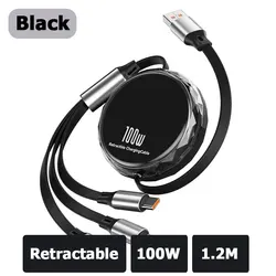 Triple - Power 100W 6A Fast Charging Universal USB Cable - 1.2M (Retractable - Black)