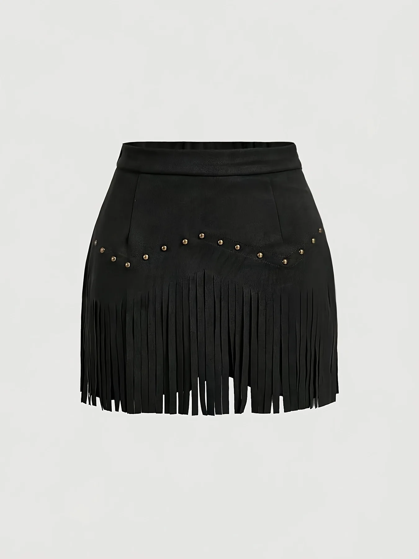 Women's Solid Color Suede Fringe Mini Skirt High Waist Studded Tassel Short Skirt Retro Casual Skirt For Daily Wear & Dating 3