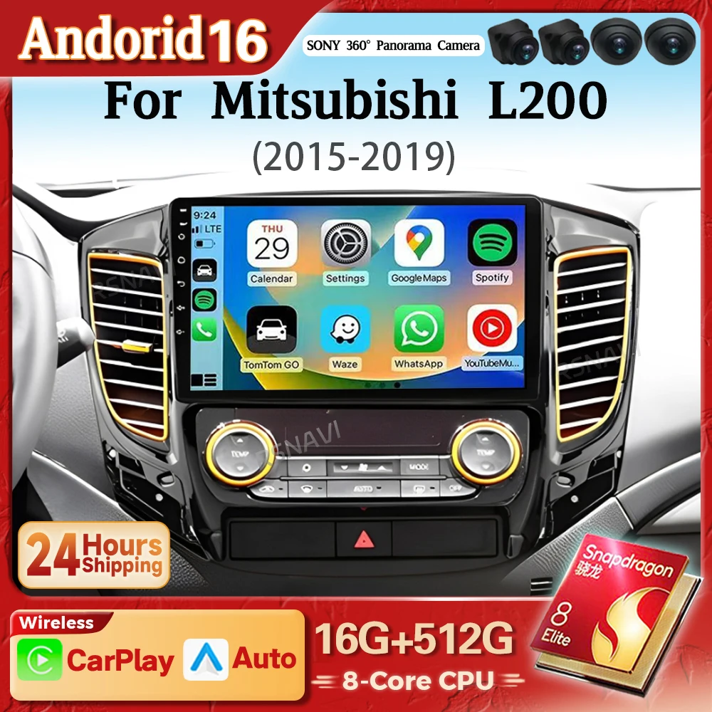 Pantalla Android 16 Carplay Auto 2K para Mitsubishi L200 5 2015 - 2019 Autoradio DSP Estéreo Snapdragon Reproductor Multimedia para Auto 1