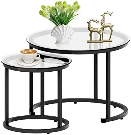 

Nesting Coffee Glass Table Set of 2, Metal Freme Side End Tables for Living Room Bedroom for Apartment Small Place Modern Indust