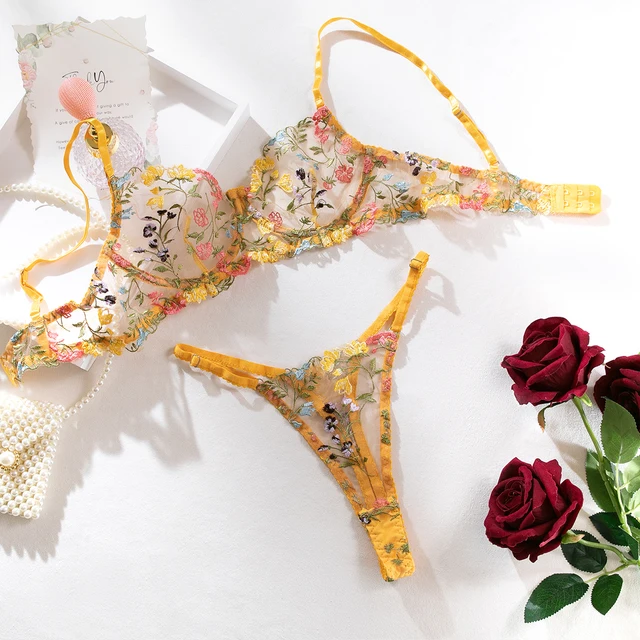 Yimunancy 2Piece Lace Bra Set Women Floral Embroidery Underwear Set