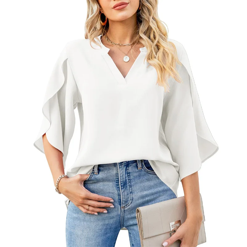 Women Summer Style Blouses Shirts Lady Casual Short Flare Sleeve V-Neck Solid Color Blouse Tops