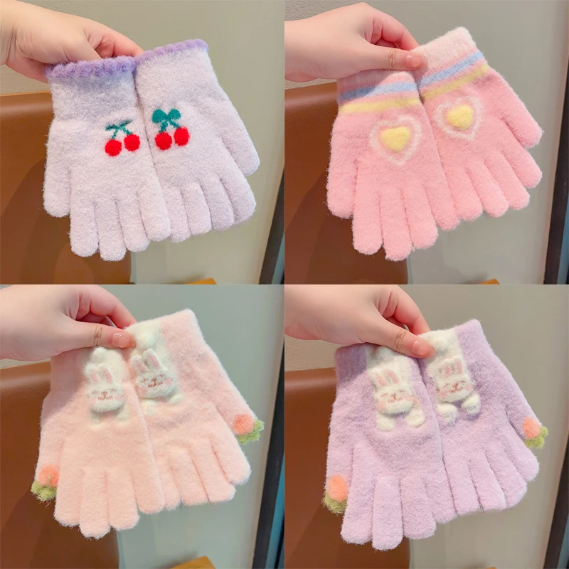 New Children Cute Knitting Cherry Heart Animals Soft Five Finger Gloves Boys Girls Outdoor Warm Gloves Kids Colors