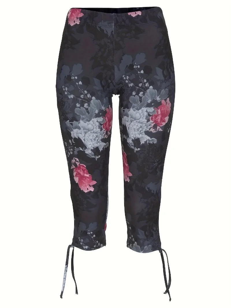 Plus Size 1XL-5XL Casual Leggings Women's Plus Floral Print Lace Up Slight Stretch Slim Fit Capri Leggings