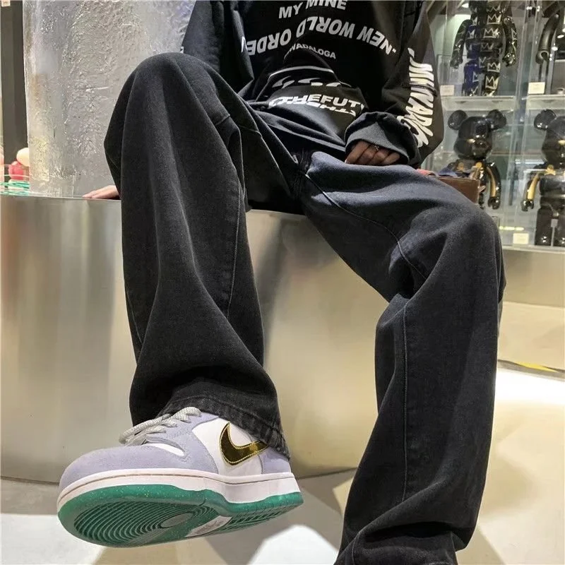 Autumn Winter Men\'s Wide Leg Denim Pants Korean Fashion Luxury Top Quality Baggy Jeans Men Elastic Waist Mop Daddy Trousers