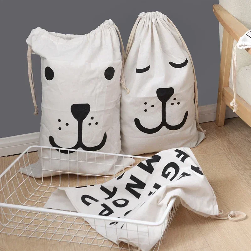 Large Cotton and Linen Laundry Bag, Toy Storage Bag, Printing Fabric, Drawstring Duffle Bag, Dirty Clothes Organizer Bags 2
