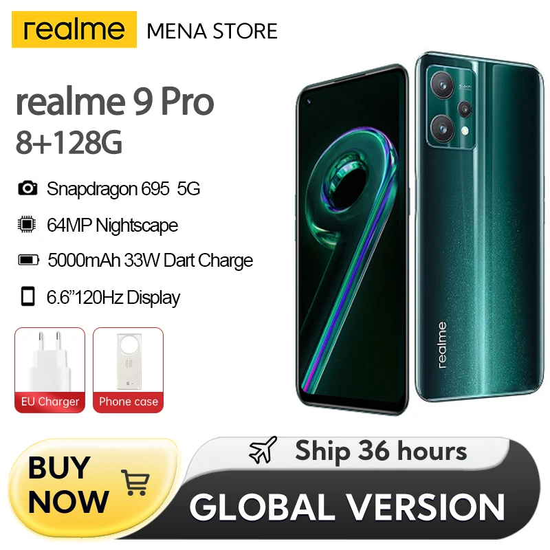 

Φ realme 9 Pro глобальная Версия 8 Гб RAM 128 ГБ ROM 6,6 дюймов FHD + дисплей 120 Гц Qualcomm Snapdragon 695