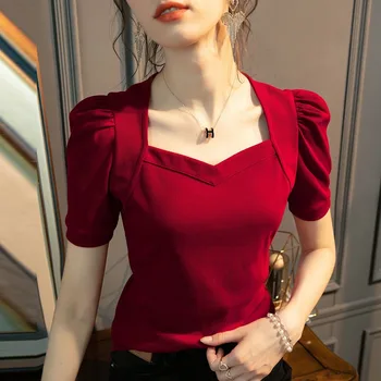 여성 의류 기본 티셔츠, 슬림 짧은 퍼프 소매, 스퀘어 칼라 블라우스, 봄 여름 스타일, SS062