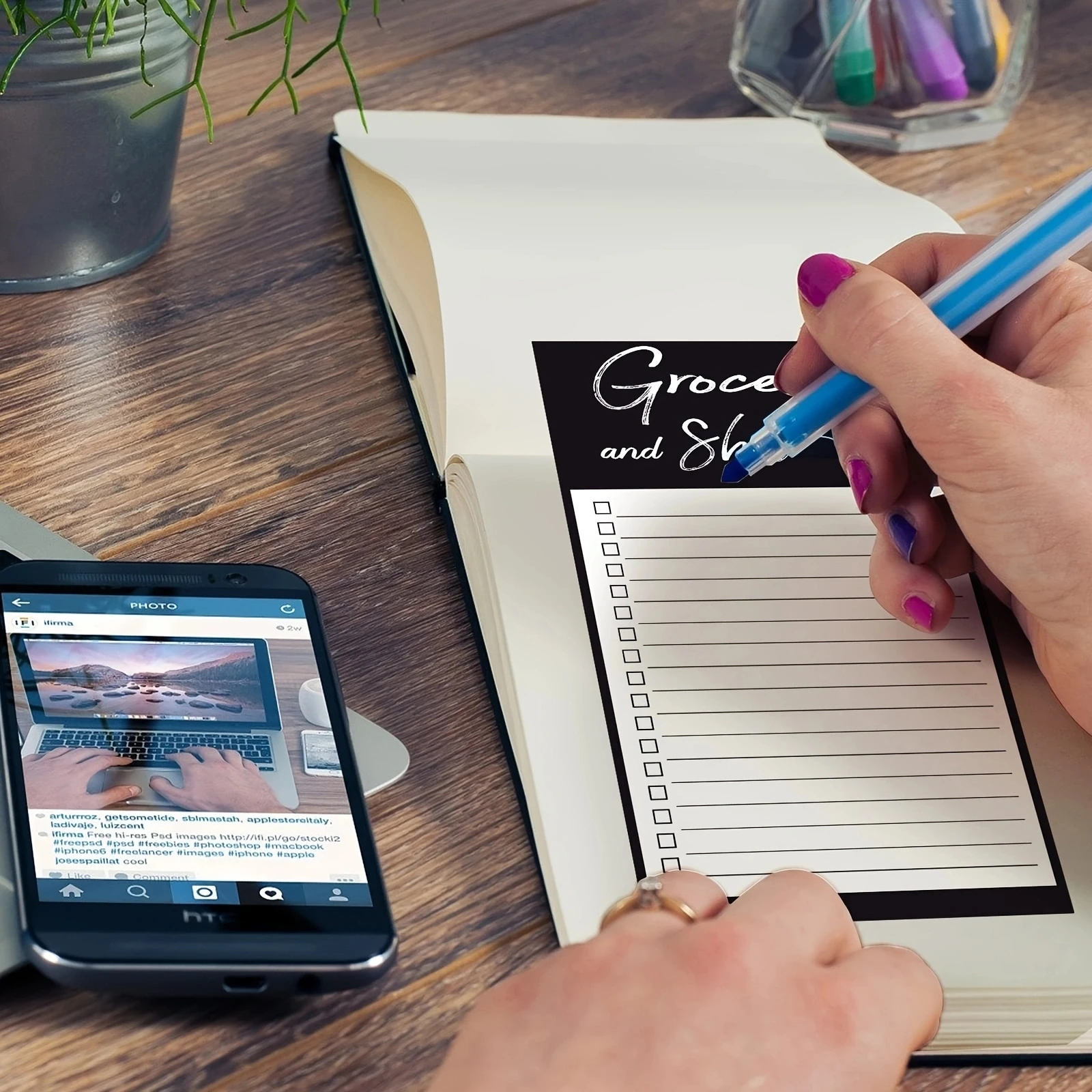 Magnetic Grocery List Organizer 1 Pen Holder Magnetic PU Leather Marker Pouch for Refrigerator Whiteboards 2 Pc