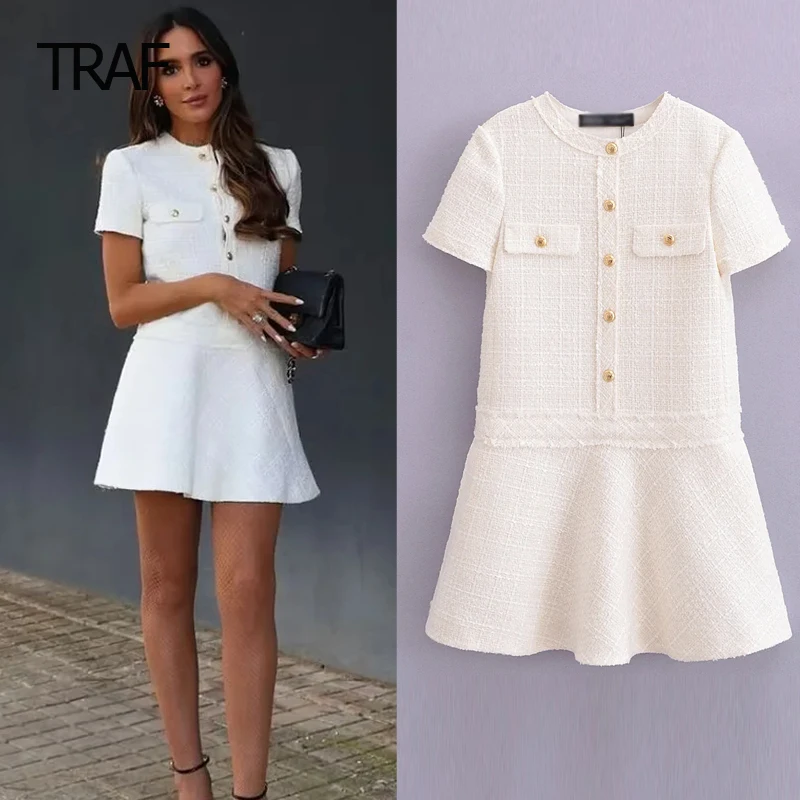 

TRAF Female Dress Spring Summer 2024 Mini Textured Dresses O-Neck Short Sleeves Dress Elegant Party Dresses For Ladies Luxury