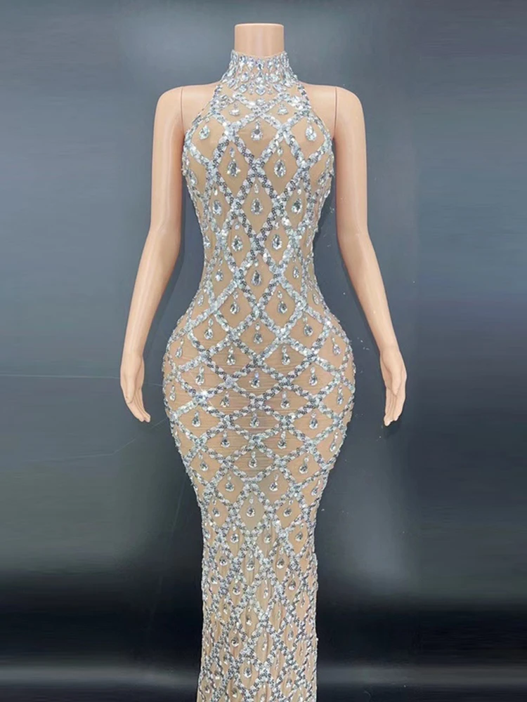2023 New Sparkly Silver Big Rhinestone Transparent Long Dress Evening Birthday Celebrate Luxurious Costume Dancer Flashing Dress