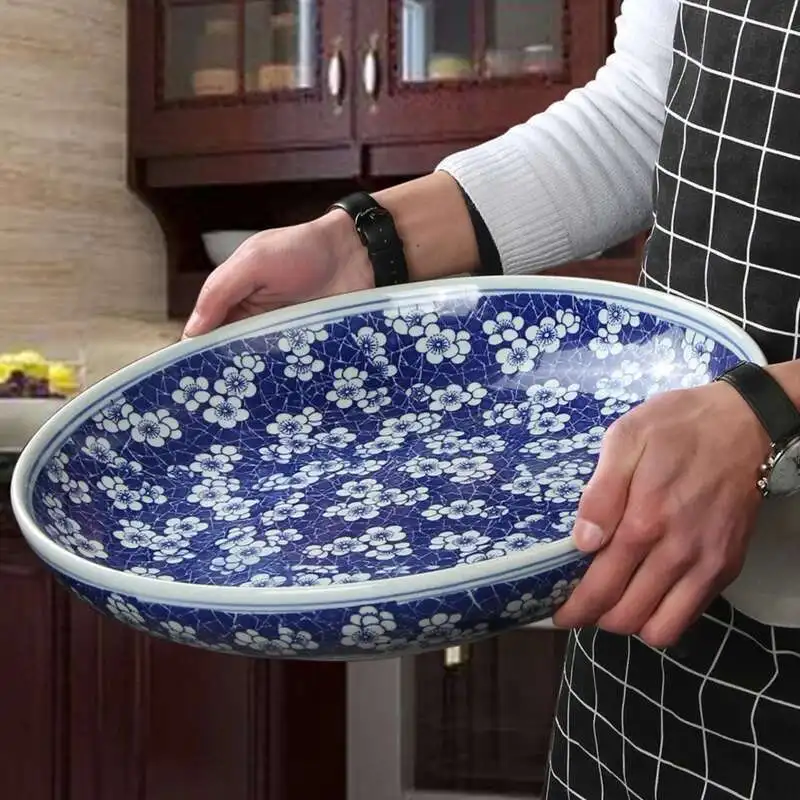 Large Serving Plates Chinese Blue And White Dish Bowl Retro Porcelain Tableware Home Dish Spaghetti Roast Turkey Roast Goose