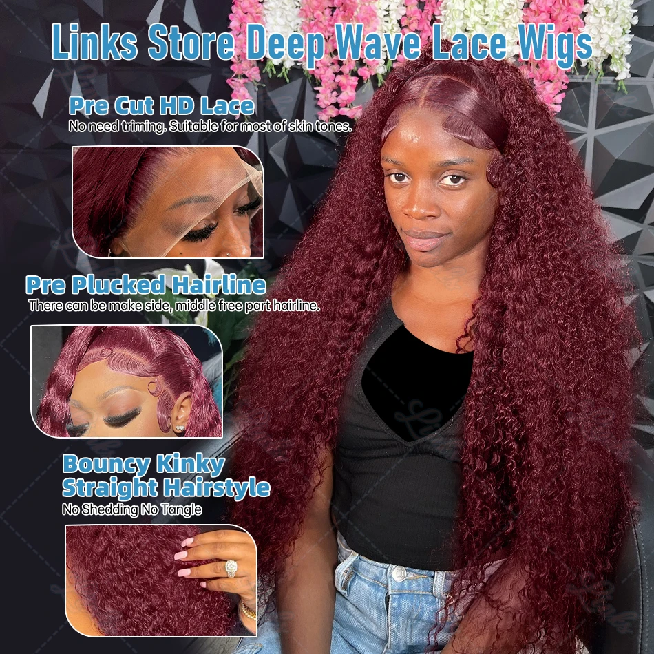 99J Burgundy Deep Wave 13x4 13x6 HD Transparent Lace Frontal Wigs Remy Water Curly 30 32 Inch for Women