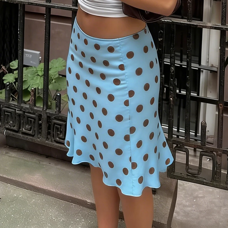 Women Polka Dot Midi Skirt Y2k Fairy Coquette Low Waist Semi Sheer A-line Skirt Summer Going Out Flowy Midi Skirt Streetwear 6