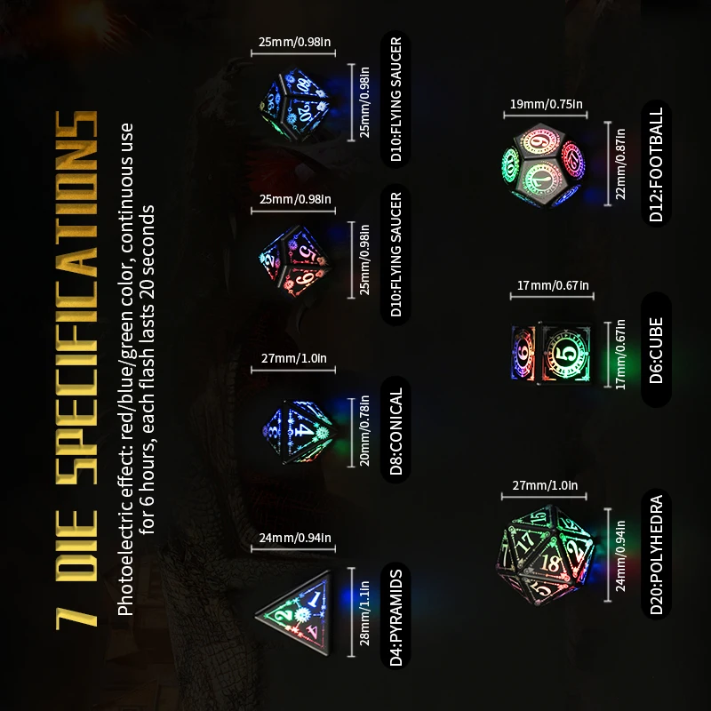 DND LED 주사위 충전식(충전 케이스 포함), 7개 세트 발광 주사위, 테이블탑 게임 RPG 던전 앤 드래곤 주사위, 크리스마스 선물