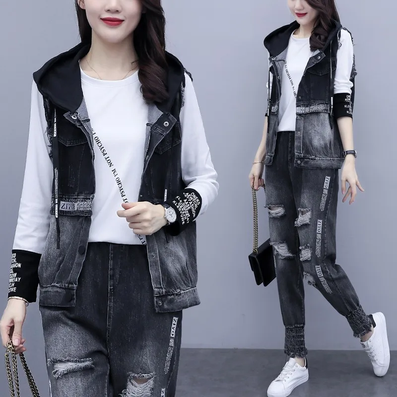 

2023 Spring Autumn Street Style Fashion Print Stitching Hooded Denim Vest Sets Personalized Print Stitching Jeans