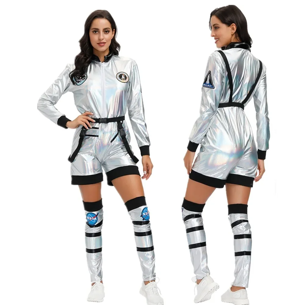 WomenAstronautCostumeAdultSilverSpacemanCostumeSpaceSuitParty