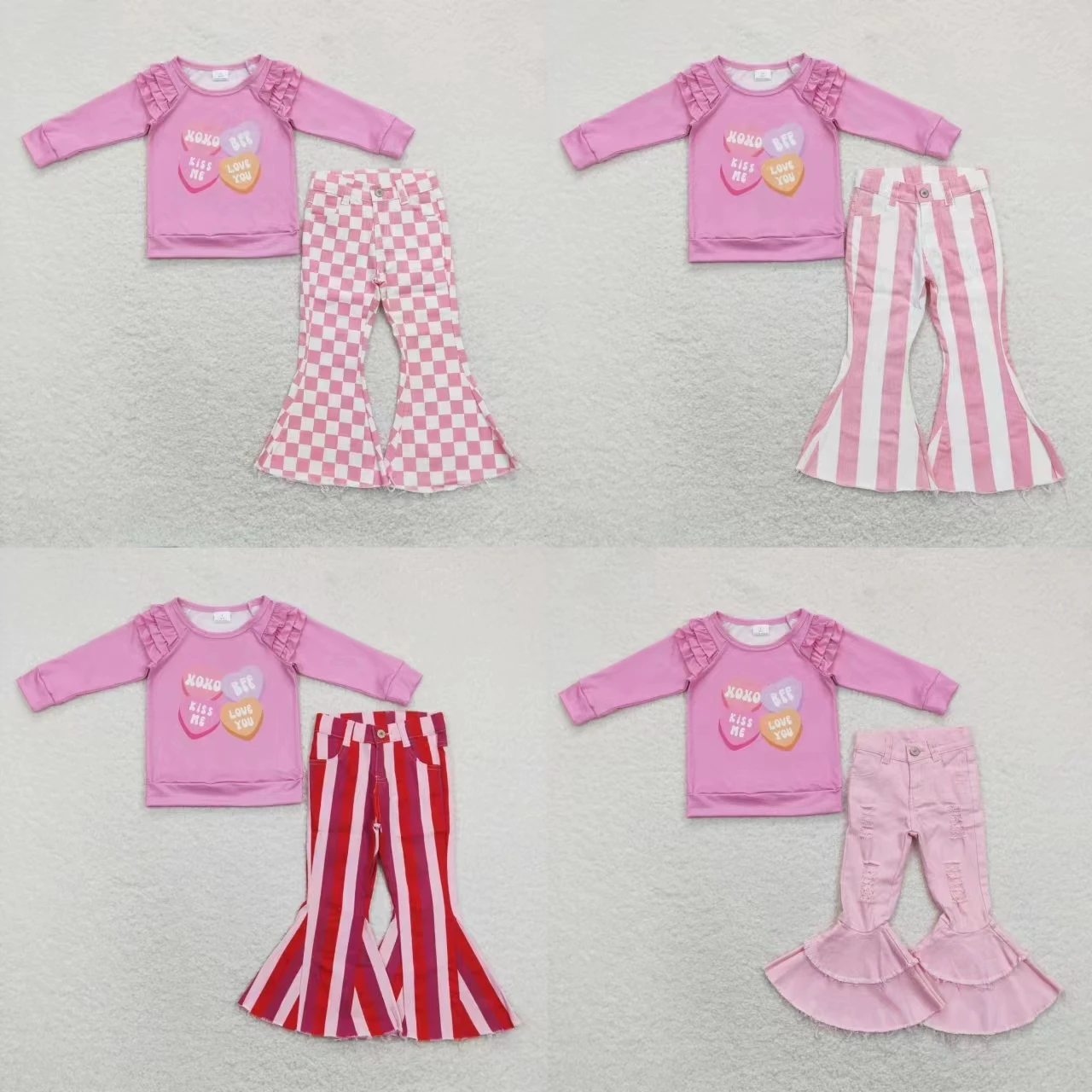 

Wholesale Valentine's Day Baby Girl Pink Long Sleeves Hearts Shirt Stripes Denim Pants Jeans Kids Set Toddler Children Outfit