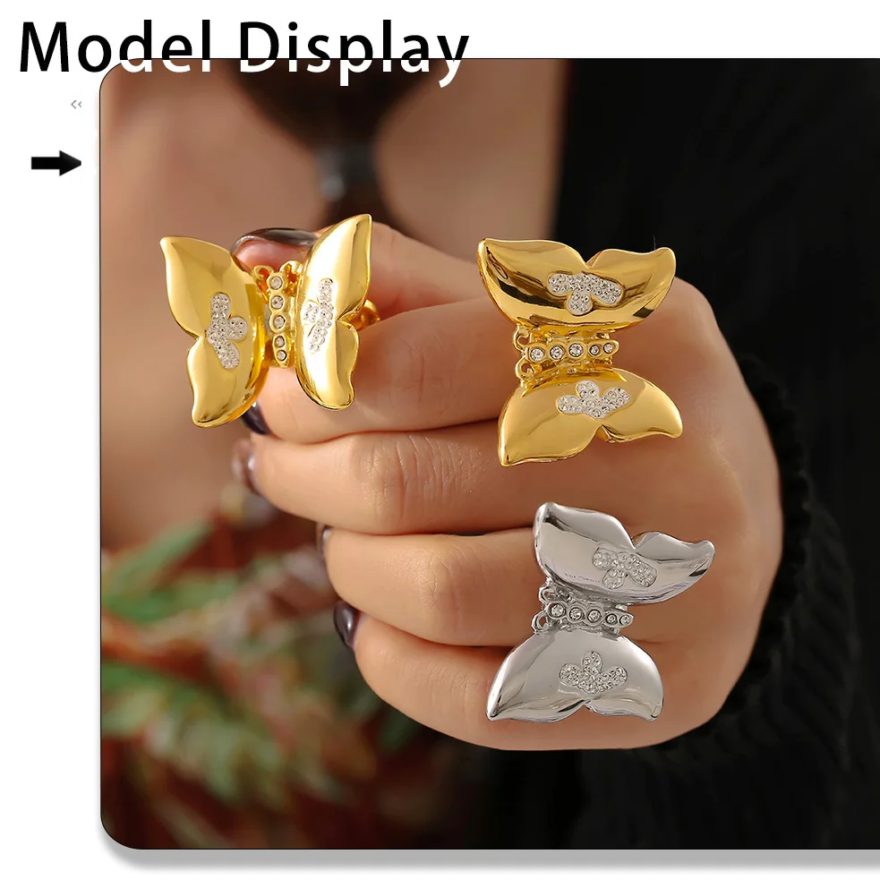 Schmetterling klobige Edelstahl vergoldete Ringe für Frauen wasserdichten Index Ring kein verrostetes übertriebenes Schmuck geschenk – Detail 4