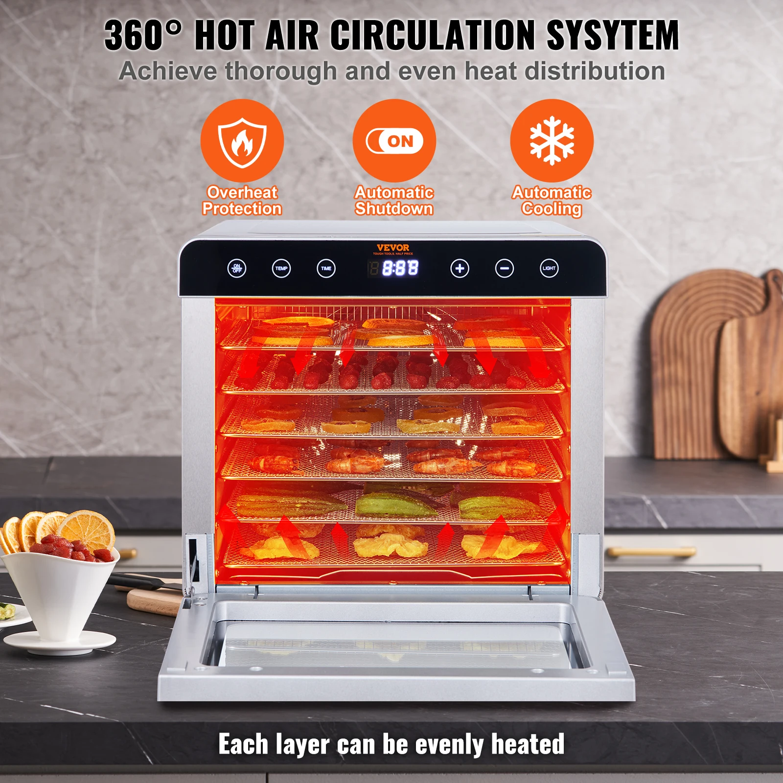 Fruit Dryer VEVOR 6 Trays Food Dehydrator Machine 700W Stainless Steel Electric Food Dryer Digital Adjustable Timer Temperature