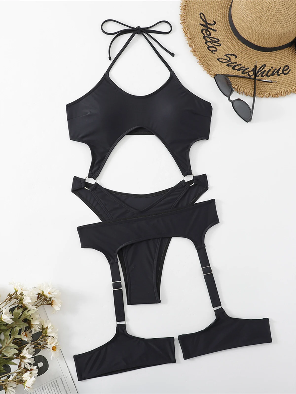Sexy Tummy Cut Out Halter With Garter One Piece Swimsuit Women Swimwear Female High Leg Cut Bather Bathing Suit Swim Lady K4415 one piece swimsuit women swimsuit