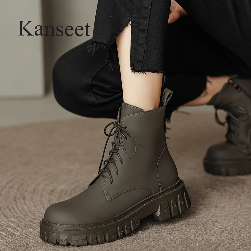 

Kanseet Thick Heels Women Ankle Boots 2022 New Autumn Winter Round Toe Genuine Leather Shoes Zipper Ladies Short Boots Black 40