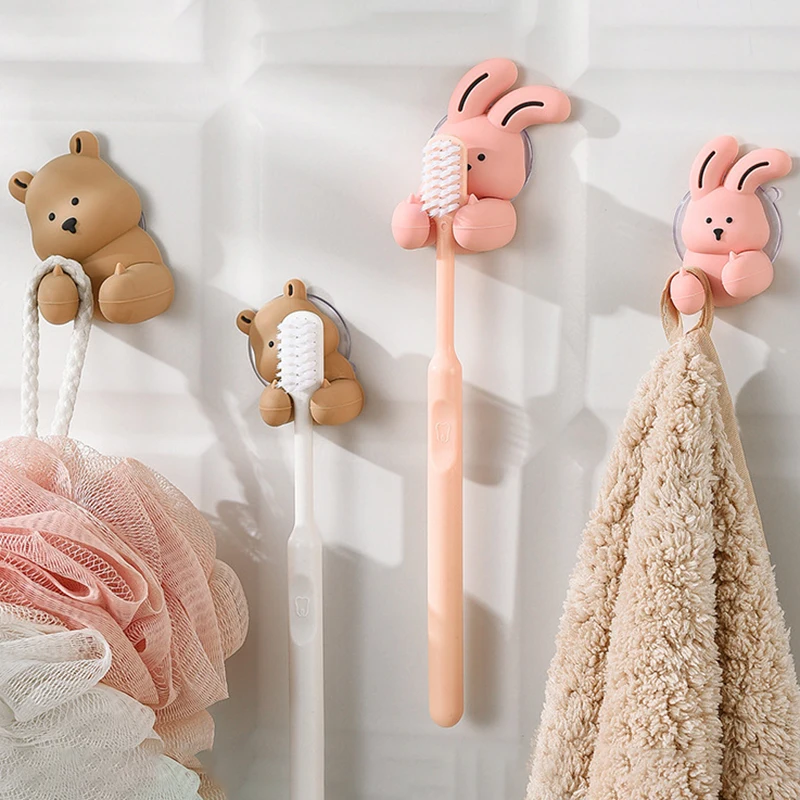 

1PC Cartoon Rabbit Toothbrush Holder Wall-mounted Suction Cup Silicone Hook Sundries Storage Rack Bathroom Accessories