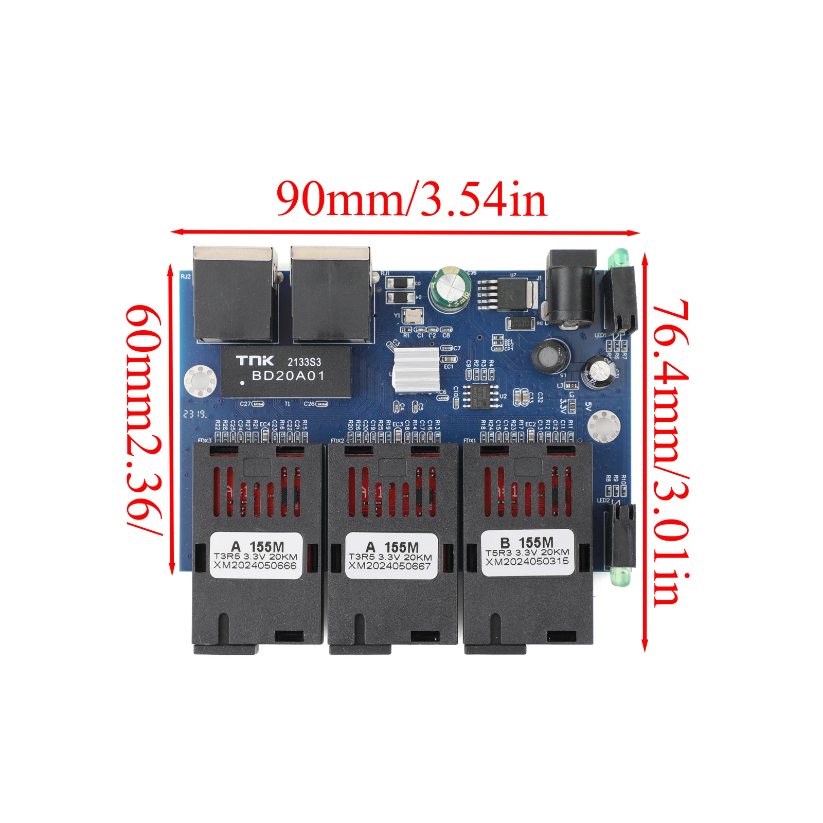 1*10M/100M Fiber Optic Media Converter 2 RJ45 to 3 SC 2A+1B Optic Connector 1310nm/1550nm Ports PCBA Board 20KM Ethernet Switch
