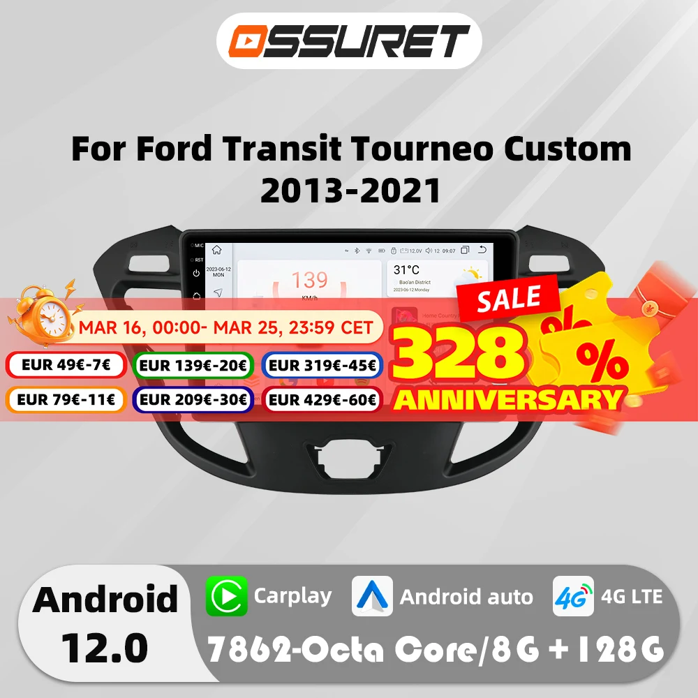 Autoradio 9 "Android 12, 4G, Carplay 2013, 8 cœurs, GPS, stéréo, lecteur de limitation, pour voiture Ford ATIC Tourneo bt2021-7862