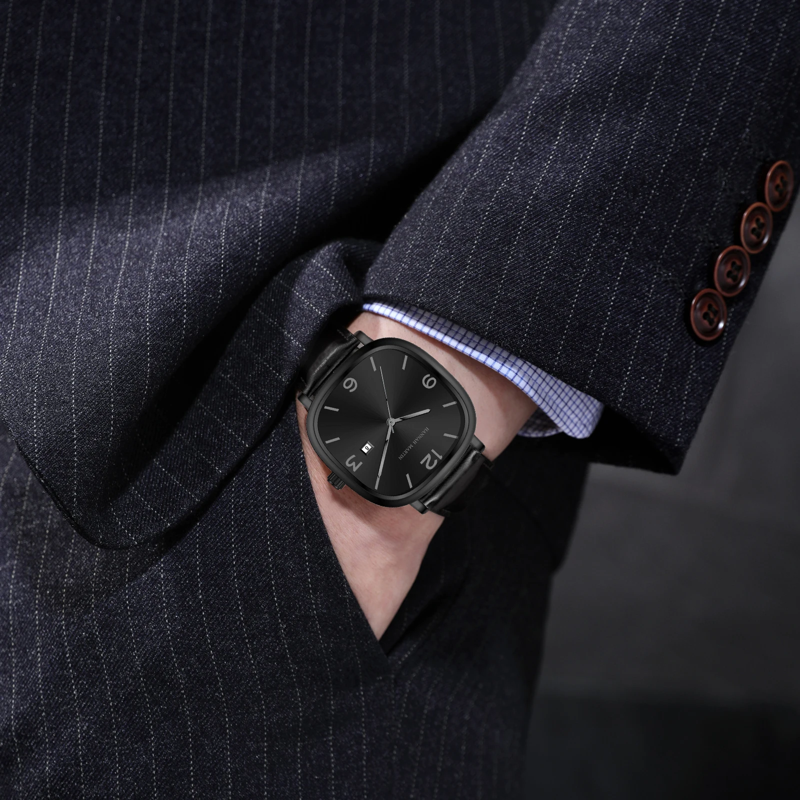 Hannah Martin Top Brand Black Leather Watch Original Quartz Movement Casual Business Style Square Fashion Men's Gift Wrist Watch 5