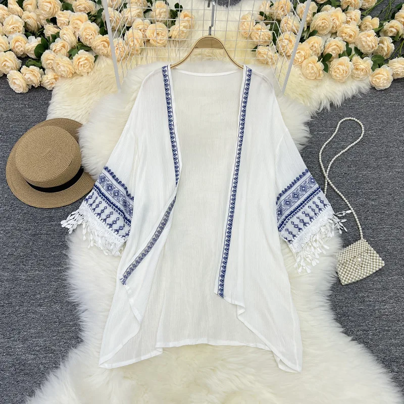 Woman Bohemian Kimono Shawl Beach Cover Up Women Embroidered Tassel White Ladies Bikini Cover Ups Cardigan Beachwear Mujer