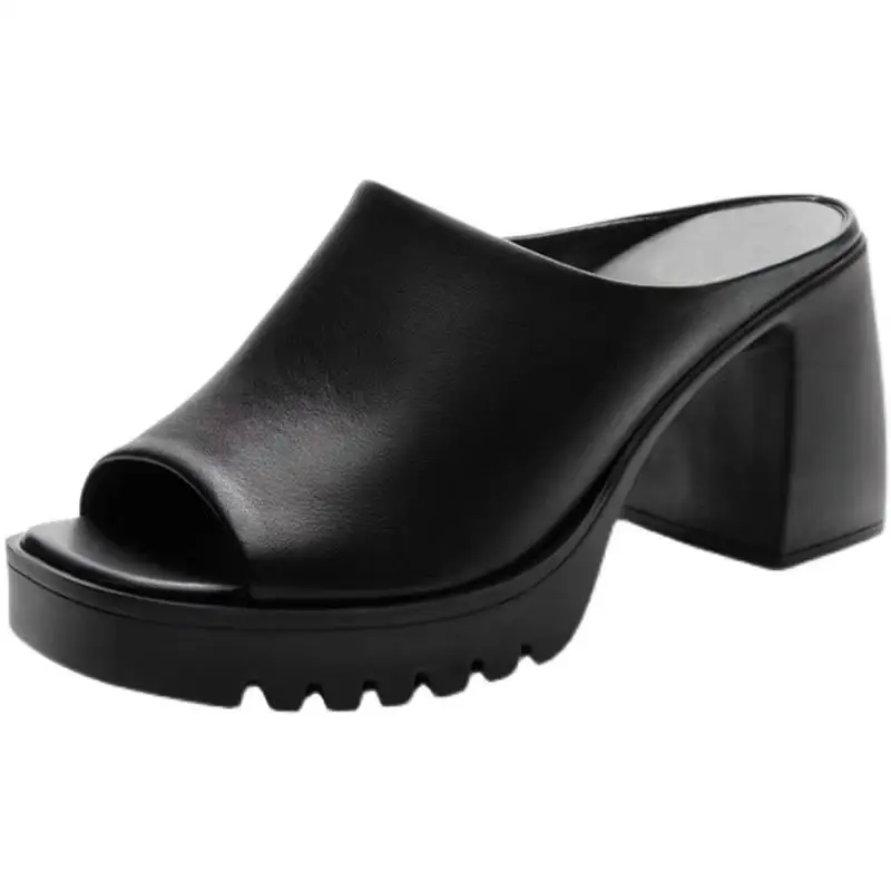 2024 Summer Women Slippers Brand Design High Quality Leather Shoes Block High Heels Mules Pumps Women High Heels Casual Footwear