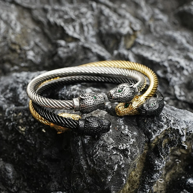 Men Leopard Head with Green Zircon Eyes Bangle Vintage Punk Wristband Cuff Open Bracelets Nordic Viking Male Jewelry Party Gift 4