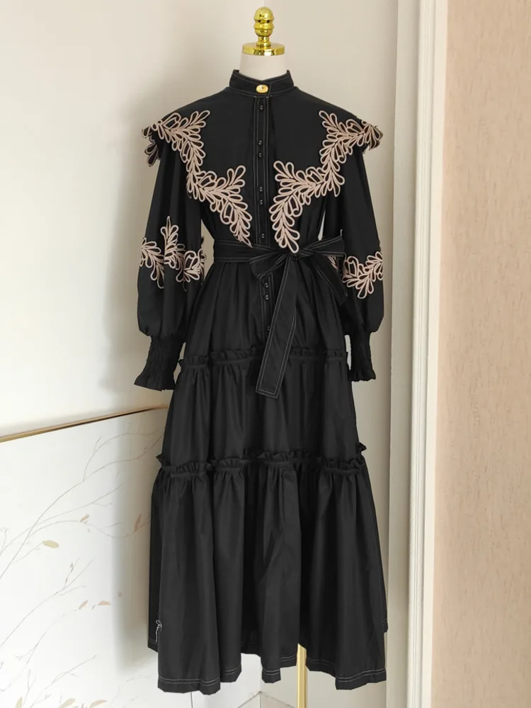 

LJHLJX Spring 2024 Embroidered Flowers Cape Style Lantern Sleeve Robe Dresses Women Casual Stand Neck Dress With Belt Female