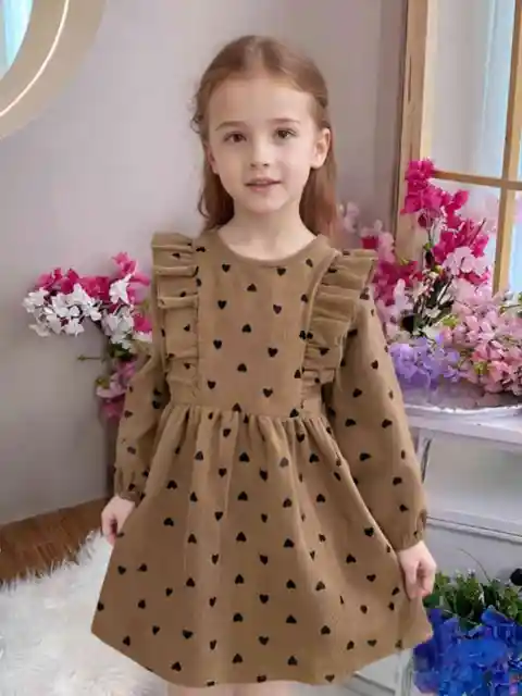 Printemps et automne tempérament simple fille amour imprimé vintage double pli dentelle à manches longues robe ample douce et ludique 1