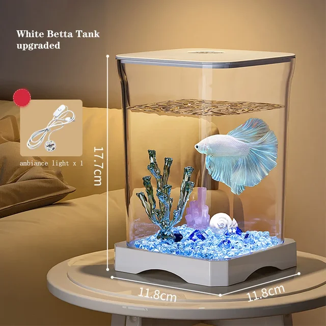 Mini Betta Fish Tank Starter Kit Aquarium Tank with Bottom Light Rectangular Mini Desktop Aquarium with Top Feeding Hole 5