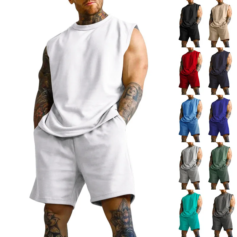 2023 New Summer Sleeveless Sports Suit Men's Casual Thin Top Solid Color Waistcoat Two-Piece Suit Tracksuit summer sleeveless knitted sweater shorts two piece set sports casual shorts suit tracksuit men knitted short sleeve suit