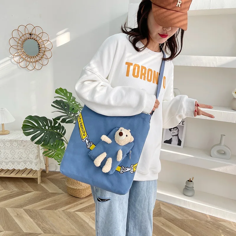 Canvas Cartoon Bear Pendant Women's Shopping Bag Bear Decorative Tote Reusable Handbag Shopper Girls Fashion Shoulder Bags