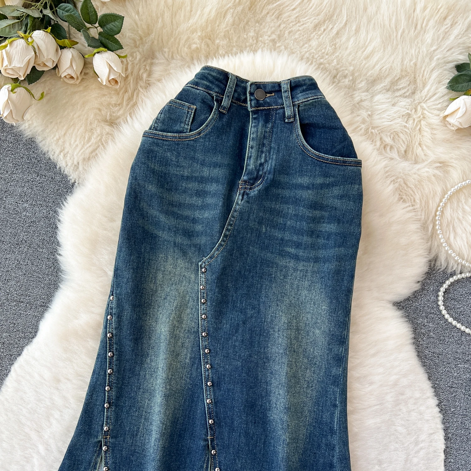 2023 New Women's Rivet Denim Split Long Skirt High Waist Blue