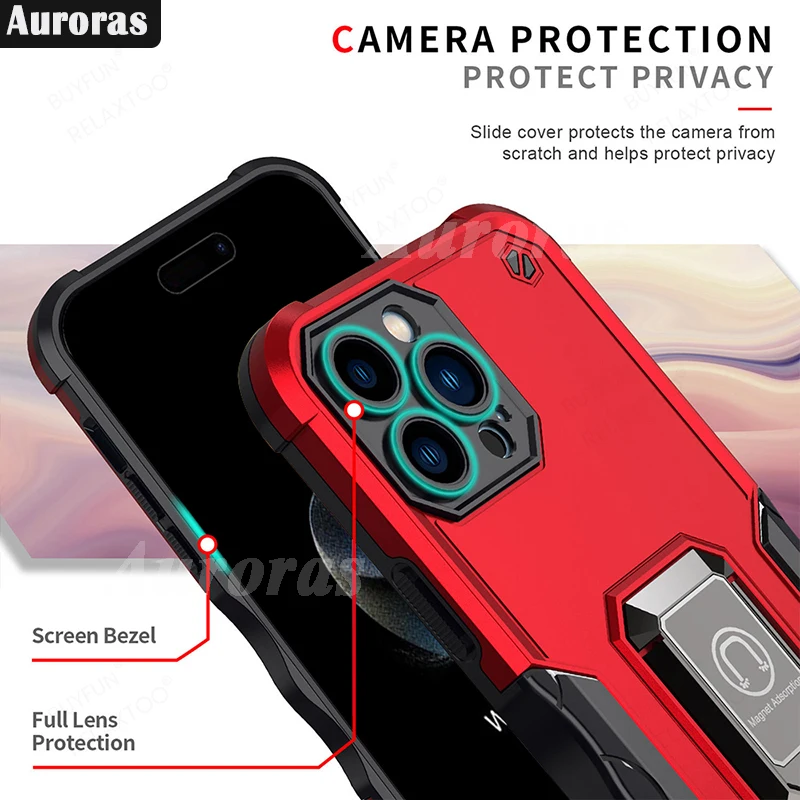 Auroras Pro Max Case Red Armor Metal Bracket Ring Silicone Frame Shell For iPhone 15 Plus Cover Fundas_voghion.com