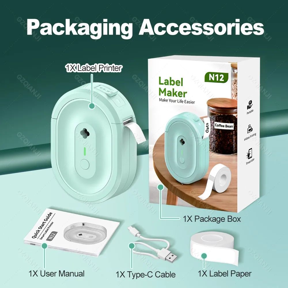 GZQIANJI N12 Mini Thermal Label Printer Portable Bluetooth Sticker Maker Wireless Sticker Machine Inkless Labeller Paper Rolls