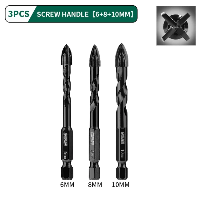 GREENER 3-12mm Four-blade Concrete Impact Glass Drill Cross Hex Tile Drilling Bit Special For Hexagonal Shank Hard Alloy Tri 6 8 10mm 3pcs